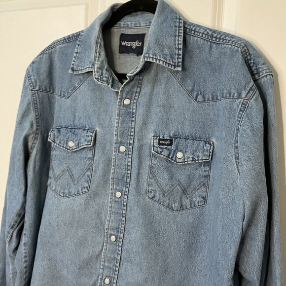 Y2K Wrangler Shirt Mens Blue Cotton Denim Western Pearl Snap Cowboy Vintage - Picture 3 of 8